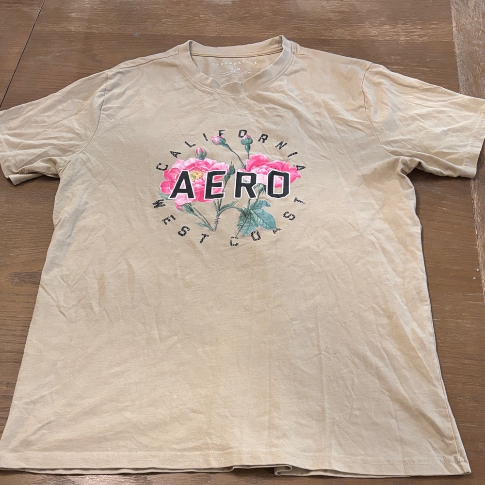 Aeropostale Tan Graphic Tee with Pink Floral Design